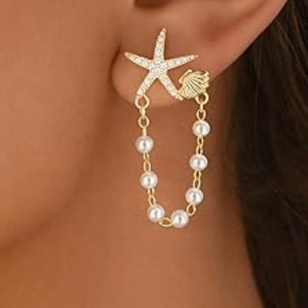 Starfish and Pearls Drop Earrings Seashell Beach Jewelry